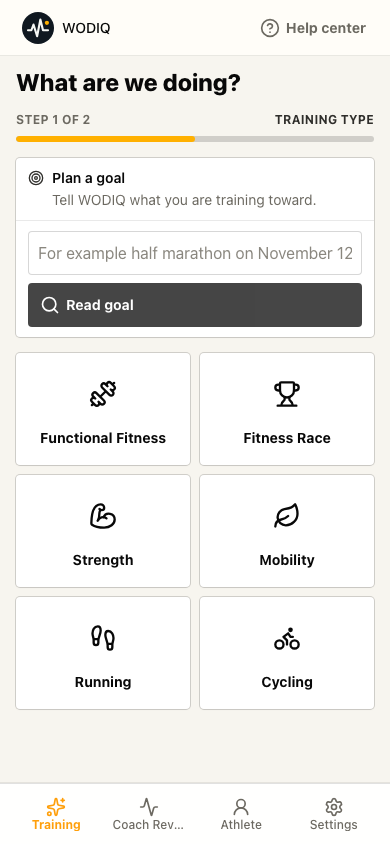 WODIQ screen for choosing a training type before creating a workout.