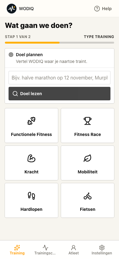 WODIQ-scherm om een doel of trainingstype te kiezen.