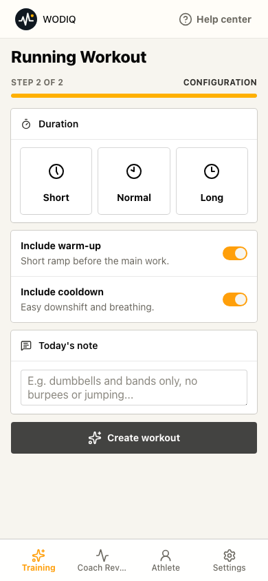 WODIQ configuration screen with duration, warm-up, cooldown, and extra guidance.