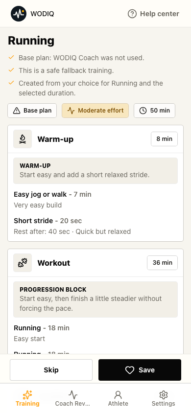 WODIQ generated running workout with reasoning, intensity, duration, warm-up, main work, and save actions.