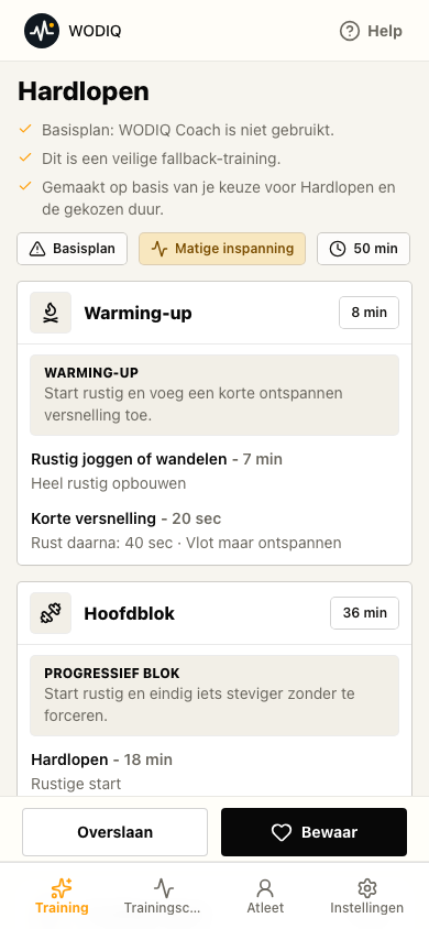 WODIQ-scherm met een gegenereerde hardlooptraining met warm-up, workoutblok en acties om de sessie te bewaren.